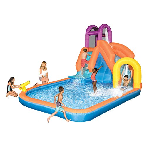 Magic Time International Mega Tornado Twist Outdoor Inflatable Kids Water Park w/ Slide, Water Cannon, Splash Pool, & Climbing Wall for Ages 5 and Up - Lucaneo