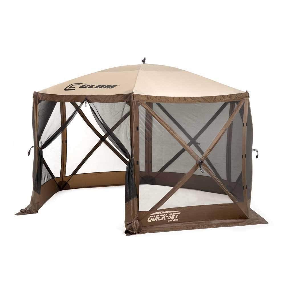 CLAM Quick Set Escape 11.5 x 11.5 Foot Portable Pop Up Camping Gazebo Screen Tent with 6 Wind and Sun Panels, and Carry Bag Accessory, Brown