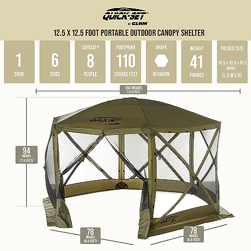 Quick-Set Pavilion 12.5 x 12.5 Foot Portable Pop Up Outdoor Camping Gazebo Screen Tent Tent Canopy Shelter with Ground Stakes and Carry Bag, Brown