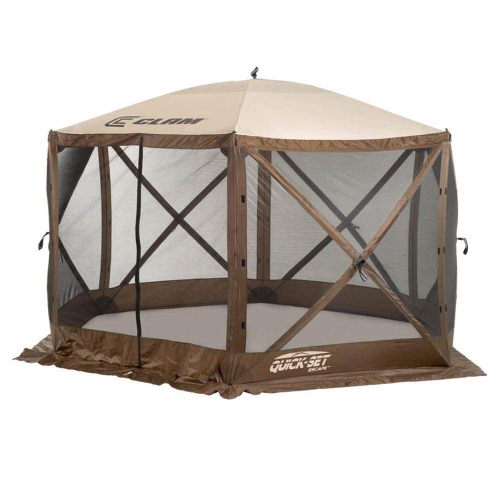 CLAM Quick Set Escape 11.5 x 11.5 Foot Portable Pop Up Camping Gazebo Screen Tent with 6 Wind and Sun Panels, and Carry Bag Accessory, Brown