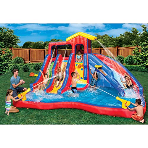 Banzai Hydro Blast Inflatable Water Park with 3 Waterslides, 2 Water Cannons, and a Basketball Hoop