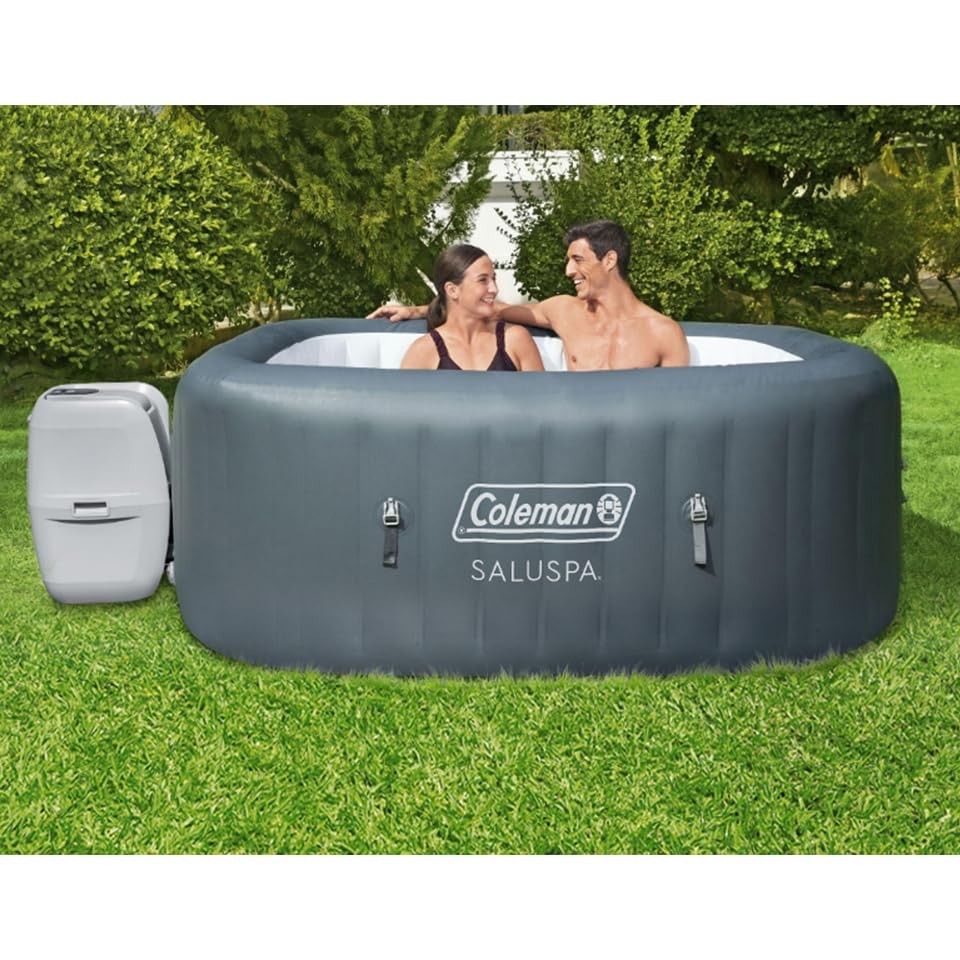 Bestway Coleman Hawaii AirJet 4 to 6 Person Inflatable Hot Tub Square Portable Outdoor Spa with 140 AirJets and EnergySense Energy Saving Cover, Grey - Lucaneo