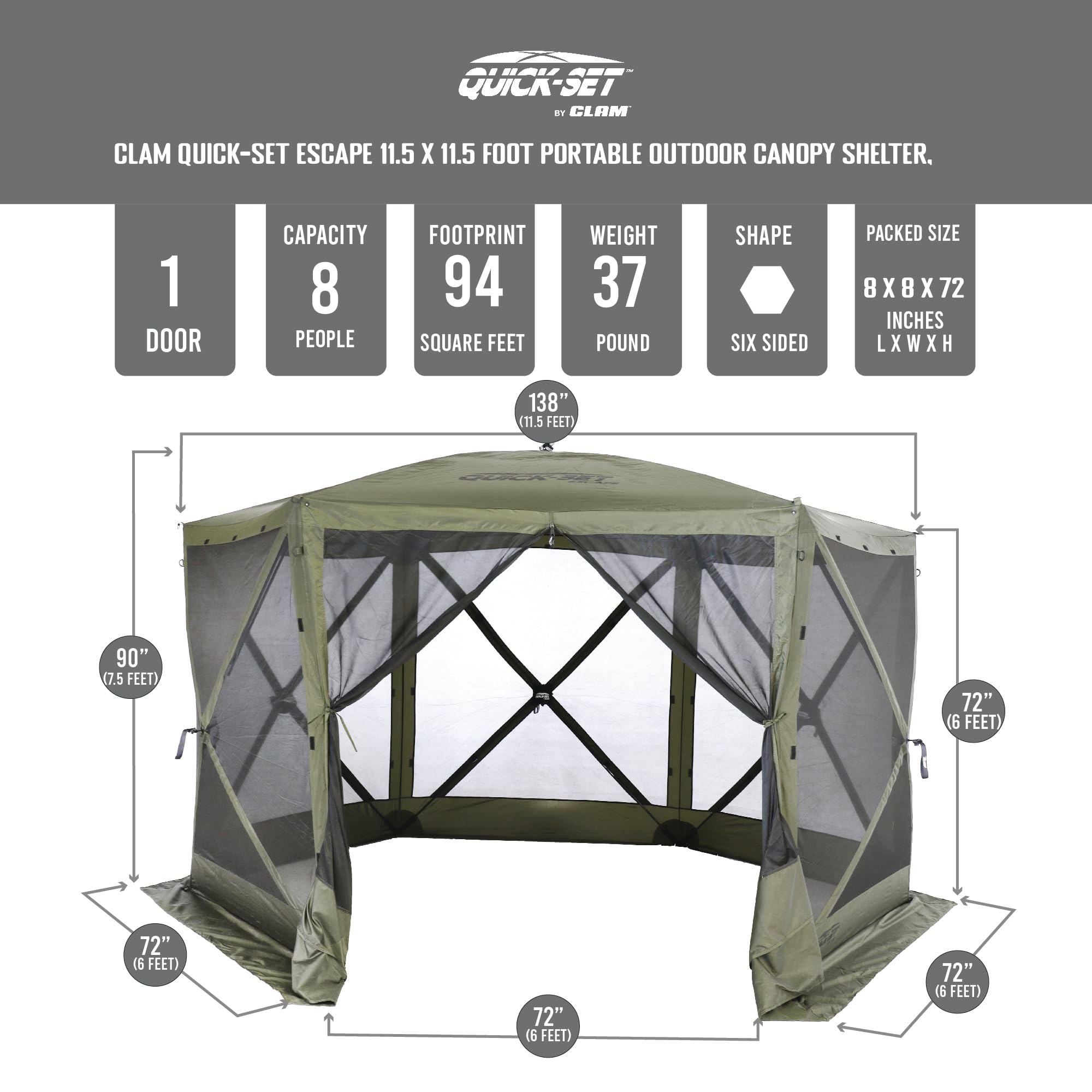 Clam Quick-Set Escape 12 x 12 Foot Portable Pop-Up Camping Outdoor Gazebo Screen Tent Canopy Shelter and Carry Bag with 6 Wind and Sun Panels, Green