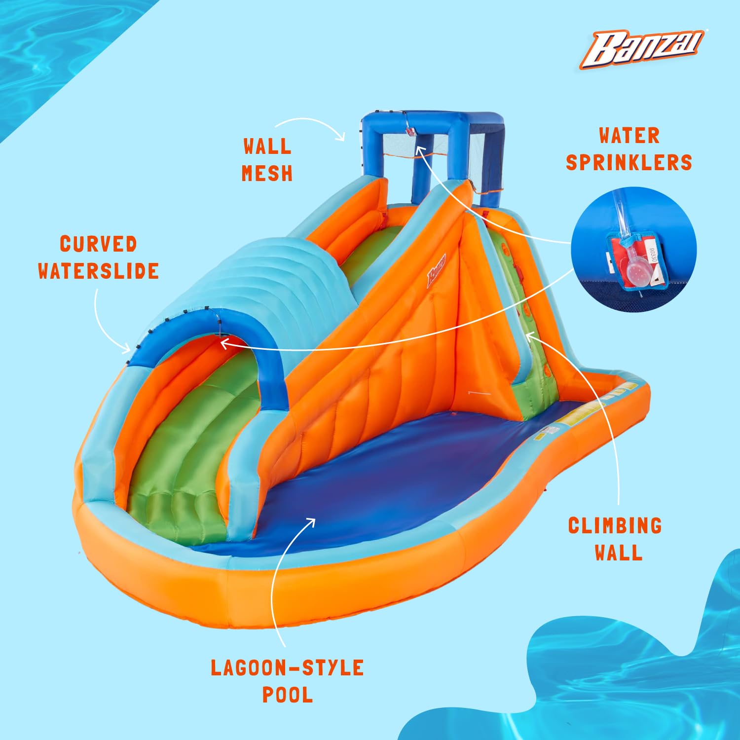Banzai Surf Rider 17.5' L x 9.5' W x 7.9' H Inflatable Water Park with Waterslide, Pool, and Sprinklers