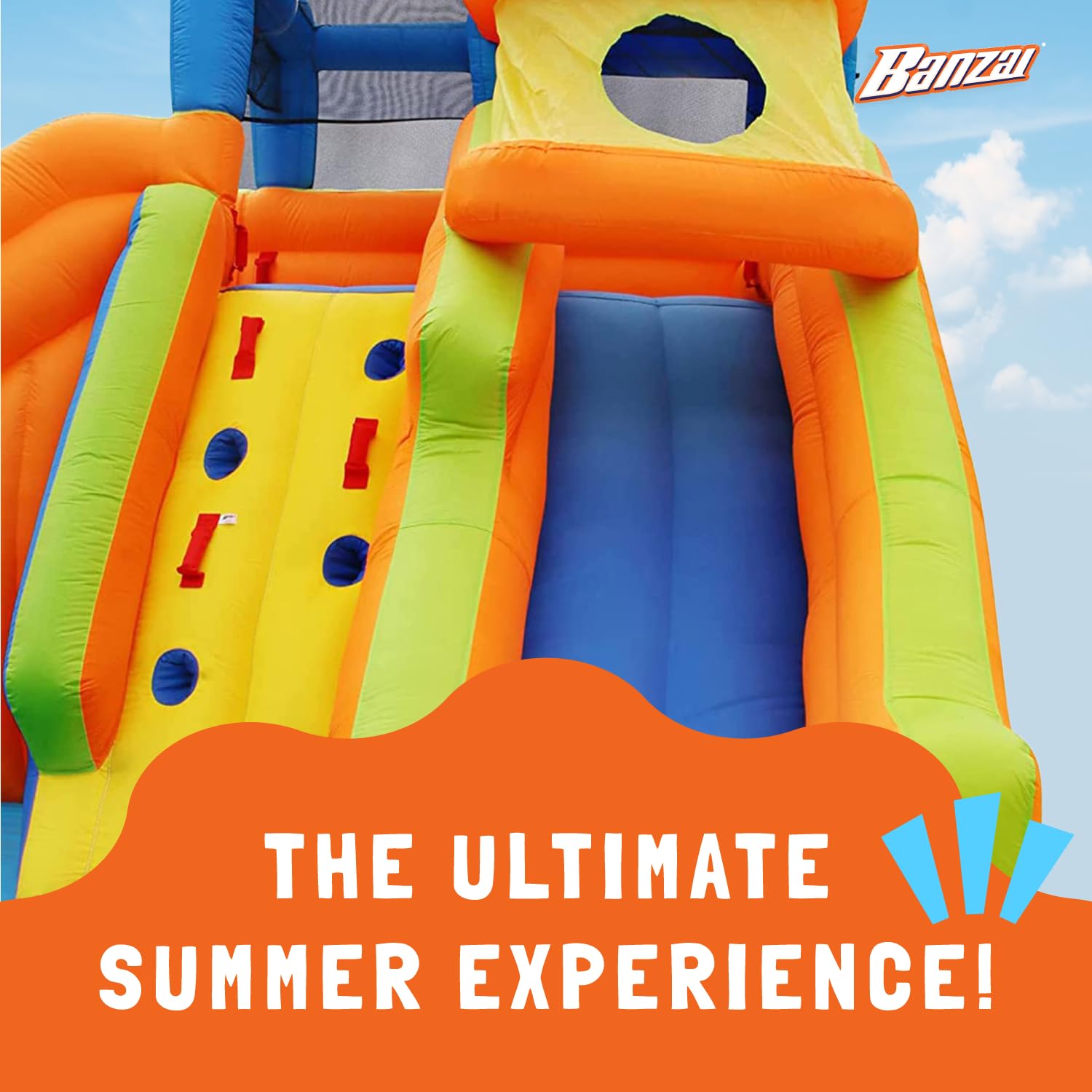 BANZAI Drop Zone 14.5' L x 13.3' W x 8' H Inflatable Water Park with Waterslide, Sprinklers, and Water Cannon