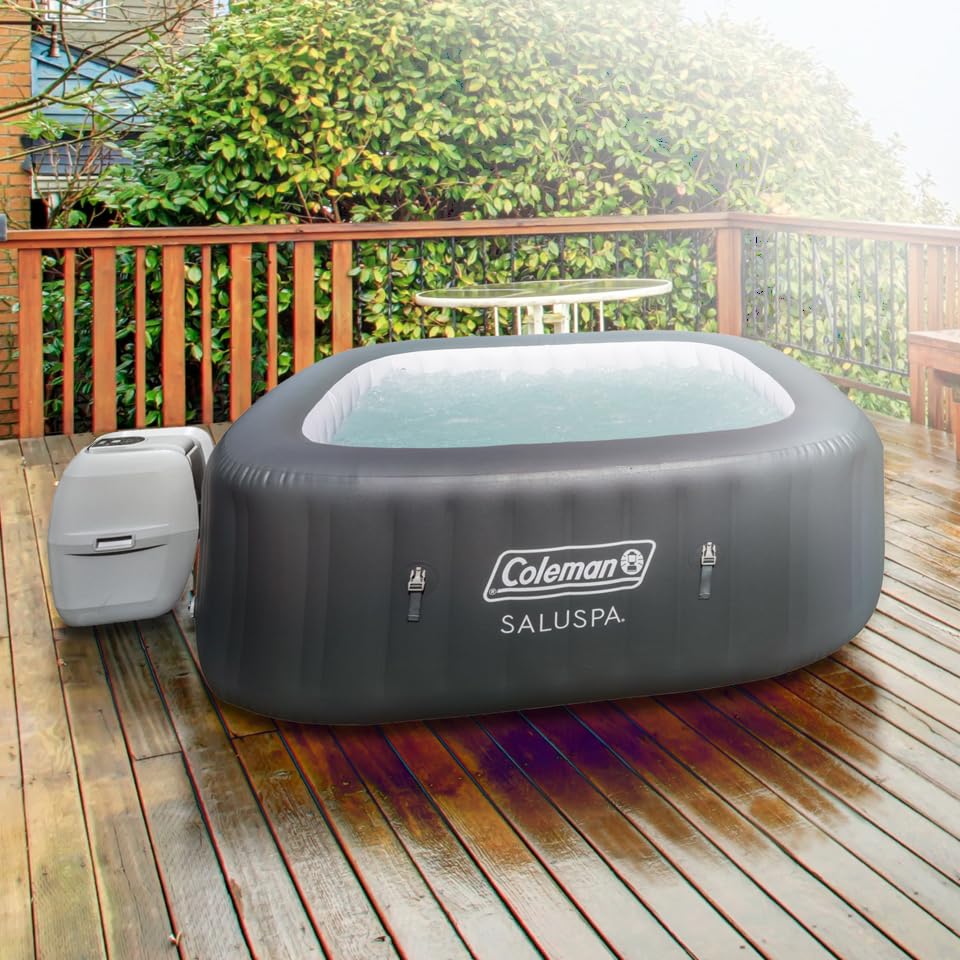 Bestway Coleman Hawaii AirJet 4 to 6 Person Inflatable Hot Tub Square Portable Outdoor Spa with 140 AirJets and EnergySense Energy Saving Cover, Grey - Lucaneo