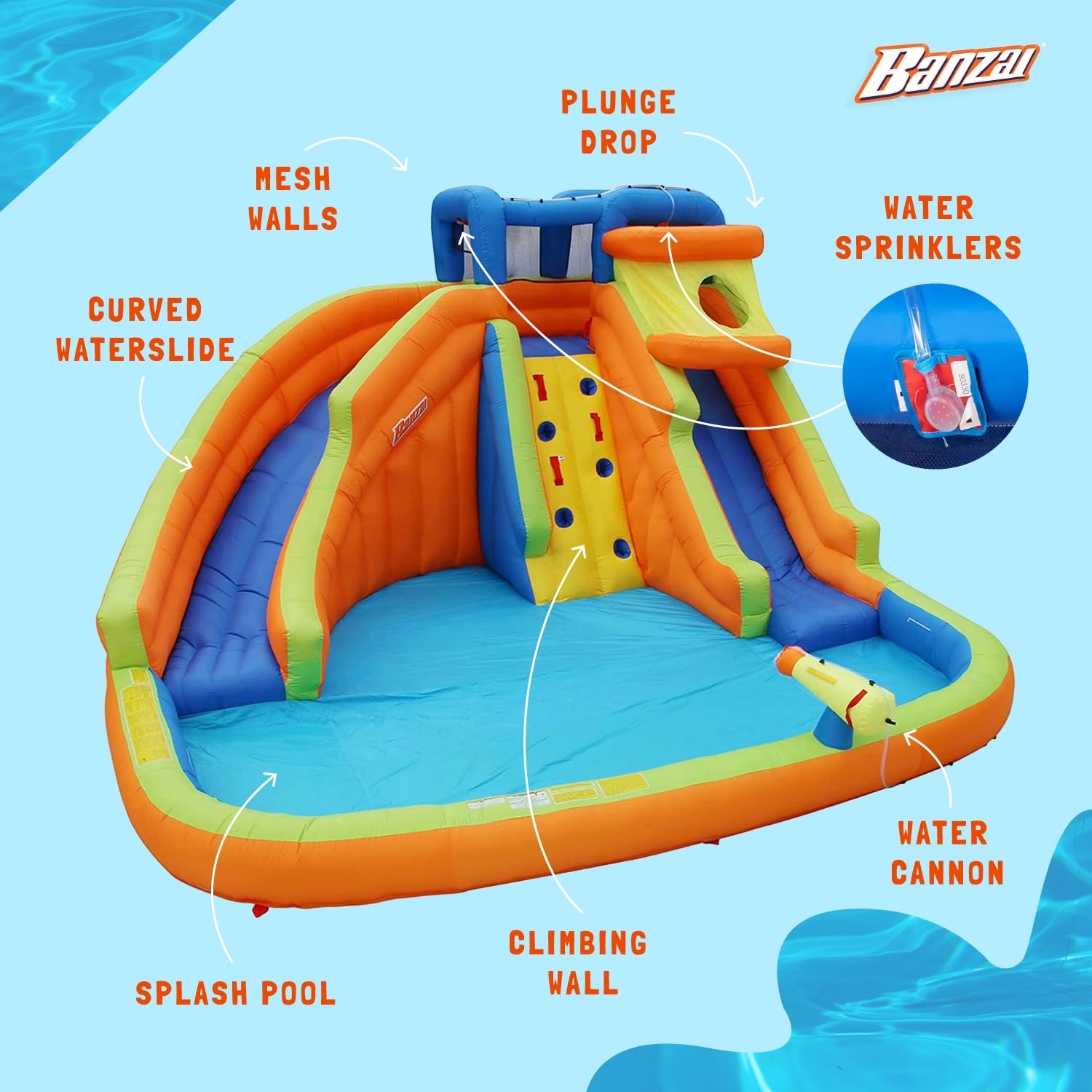 BANZAI Drop Zone 14.5' L x 13.3' W x 8' H Inflatable Water Park with Waterslide, Sprinklers, and Water Cannon