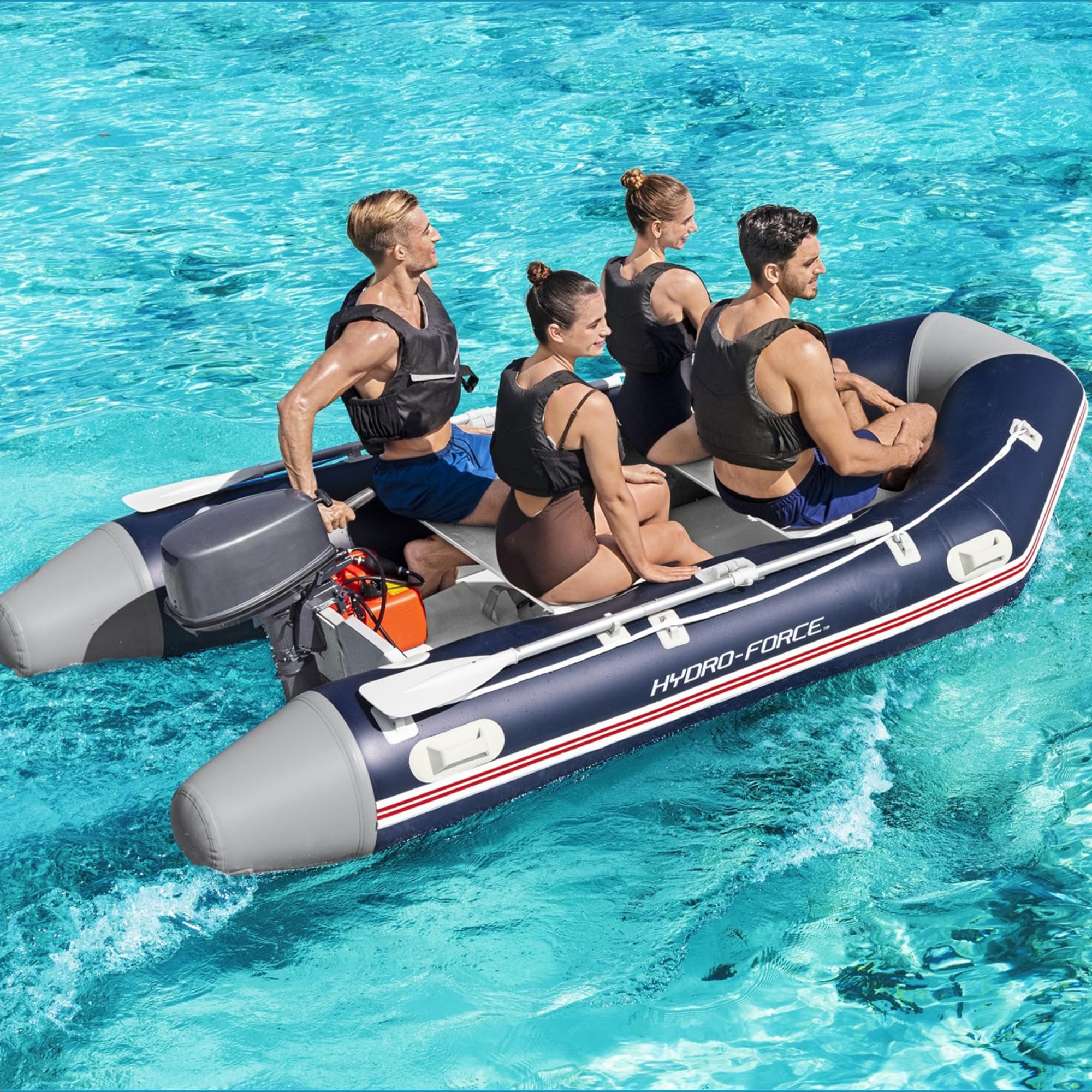 Bestway Hydro-Force Mirovia Pro Inflatable 5 Person Outdoor Water Lake Raft Boat Set with 2 Aluminum Oars, Hand Pump, Pressure Gauge, and Repair Patch
