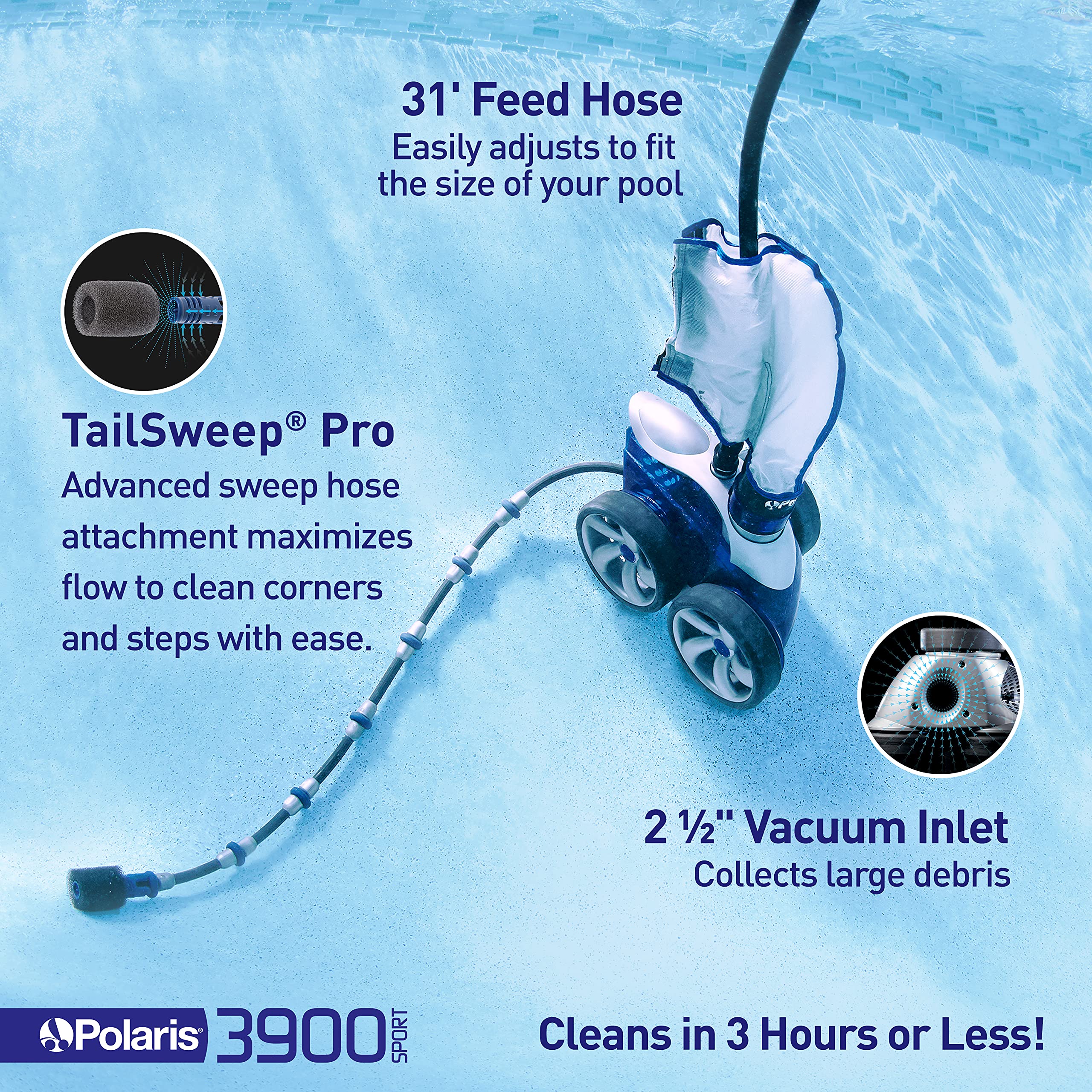 Polaris Vac-Sweep 3900 Sport Pressure Inground Pool Cleaner, Triple Jet Powered, with a Dual Chamber SuperBag for Debris