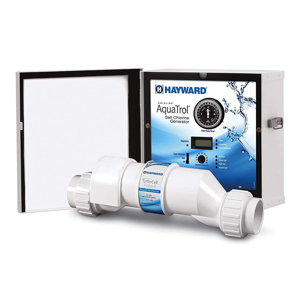 Hayward W3AQ-TROL-HP AquaTrol Salt Chlorination System for Above-Ground Pools up to 18,000 Gallons with Hose/Pipe Fittings, Straight Blade Line Cord and Outlet