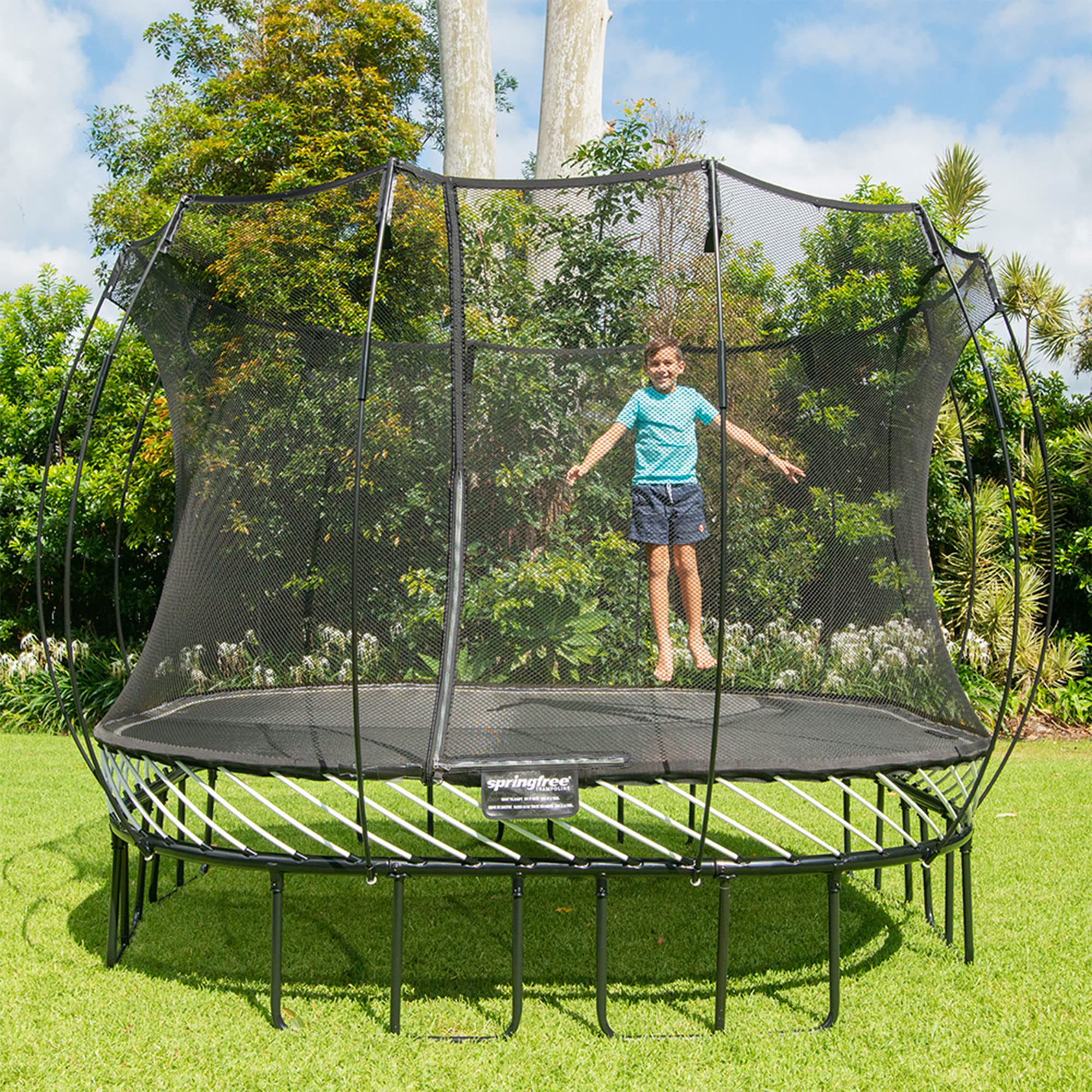 Springfree Trampoline Outdoor 11 x 11 Foot Large Square Trampoline with FlexiNet Safety Enclosure and SoftEdge Jump Bounce Mat Outdoor Play Equipment