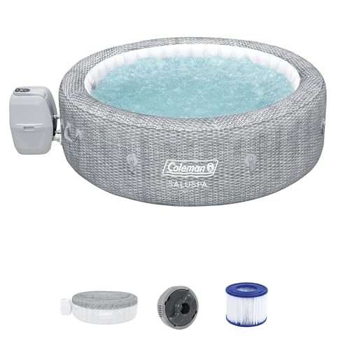 Bestway Coleman Sicily AirJet 5 to 7 Person Inflatable Hot Tub Round Portable Outdoor Spa with 180 AirJets and EnergySense Energy Saving Cover, Grey - Lucaneo