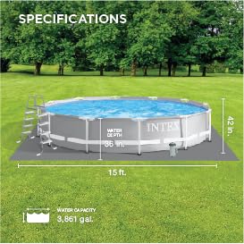 Intex 15 Foot x 42 Inch Prism Frame Above Ground Outdoor Backyard Swimming Pool Set with 1000 GPH Filter Pump, Ladder, and Secure Pool Cover, Gray
