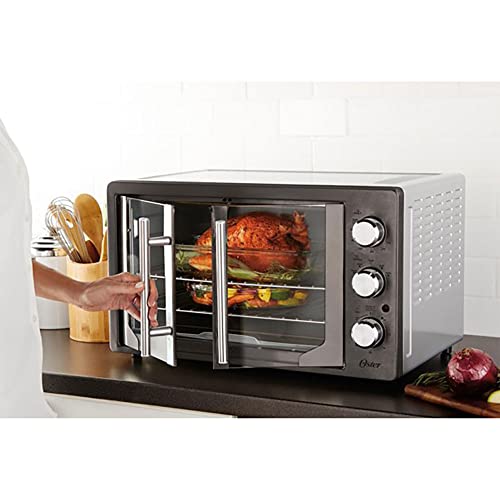 Oster 31160840 Extra Large Single Door Pull French Door Turbo Convection Toaster Oven with 2 Removable Baking Racks, Metallic and Charcoal - Lucaneo