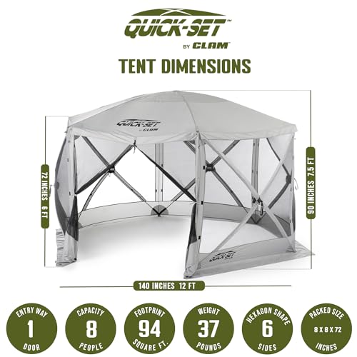 CLAM Quick-Set Escape 11.5 x 11.5 Portable Pop Up Outdoor Camping Gazebo Screen Tent Canopy Shelter and Carry Bag with 6 Wind and Sun Panels, Gray