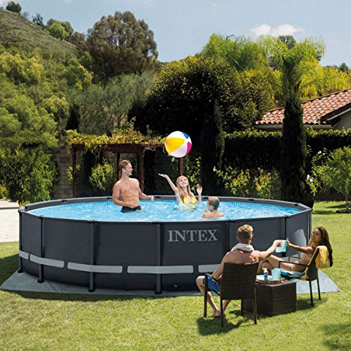 Intex Ultra XTR Frame 14' x 42" Round Above Ground Outdoor Swimming Pool Set with Sand Filter Pump, Ground Cloth, Ladder, and Pool Cover - Lucaneo