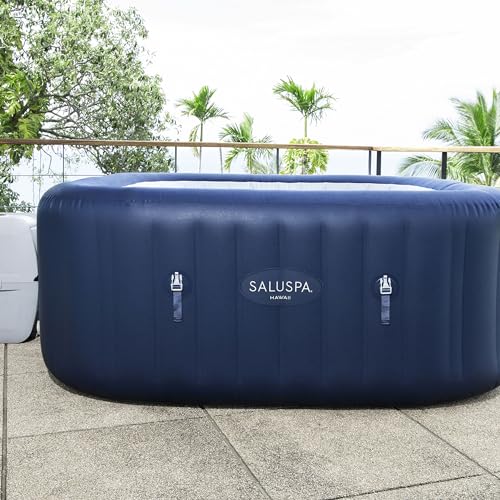 Bestway SaluSpa Hawaii AirJet 4 to 6 Person Inflatable Hot Tub Square Portable Outdoor Spa with 140 AirJets and EnergySense Energy Saving Cover, Blue - Lucaneo