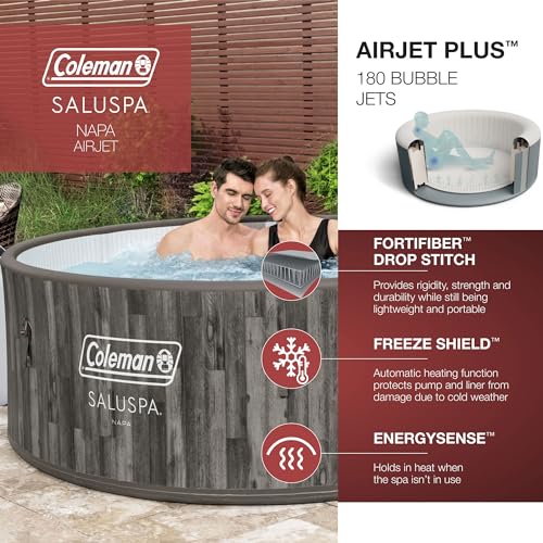 Bestway Coleman Napa AirJet 5 to 7 Person Inflatable Hot Tub Round Portable Outdoor Spa with 180 AirJets and EnergySense Energy Saving Cover, Brown