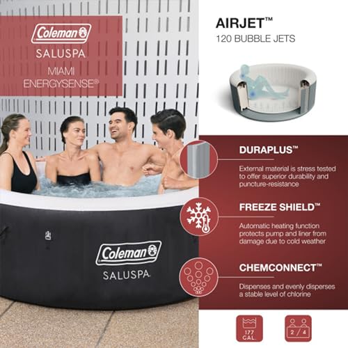 Coleman SaluSpa AirJet 2 to 4 Person Inflatable Hot Tub Round Portable Outdoor Spa with 120 AirJets and EnergySense Energy Saving Cover, Black - Lucaneo