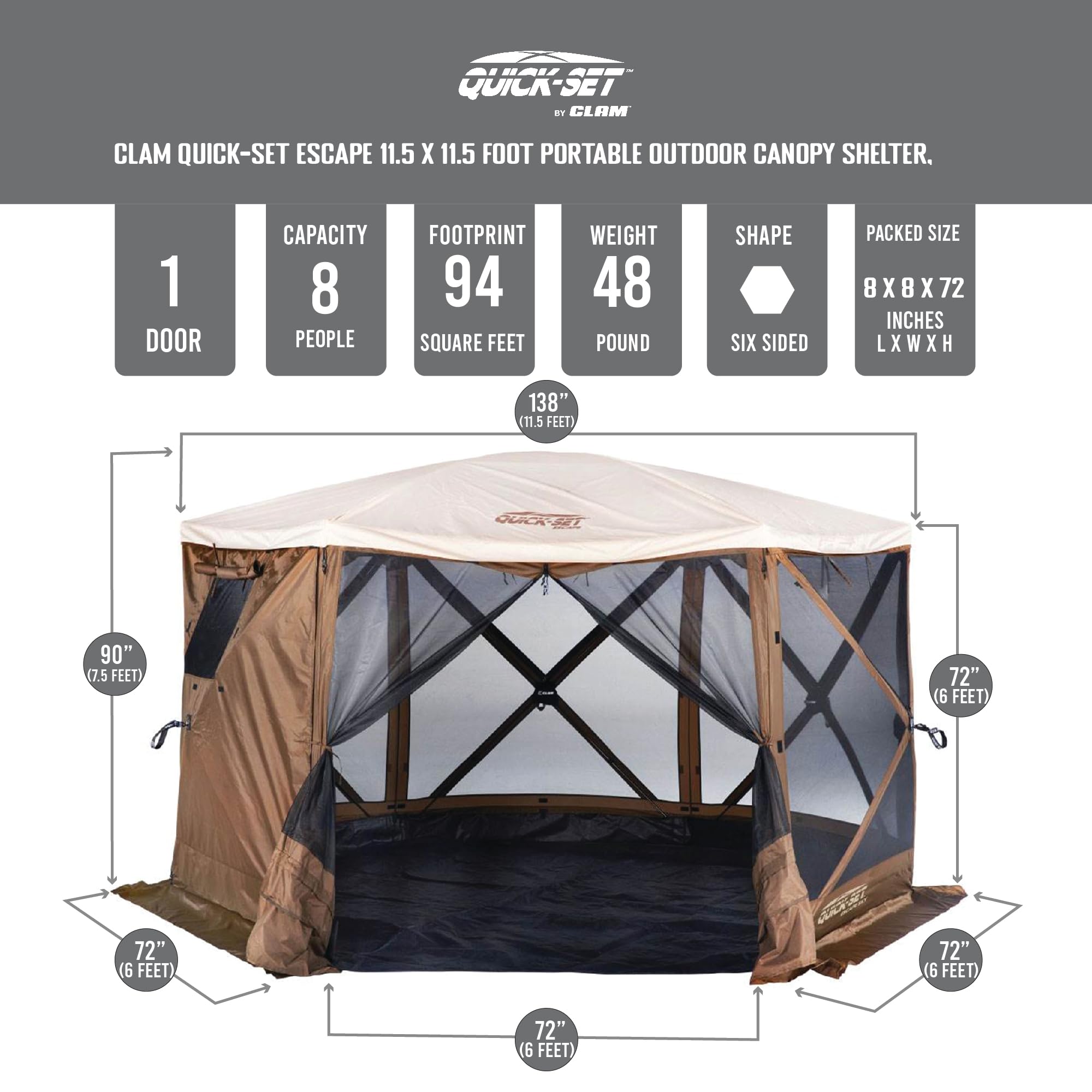 CLAM Quick-Set Escape Sky Camper 11.5 x 11.5 Foot Portable Pop-Up Outdoor Gazebo Screen Tent 6 Sided Canopy Shelter w/Ground Stakes & Carry Bag, Brown