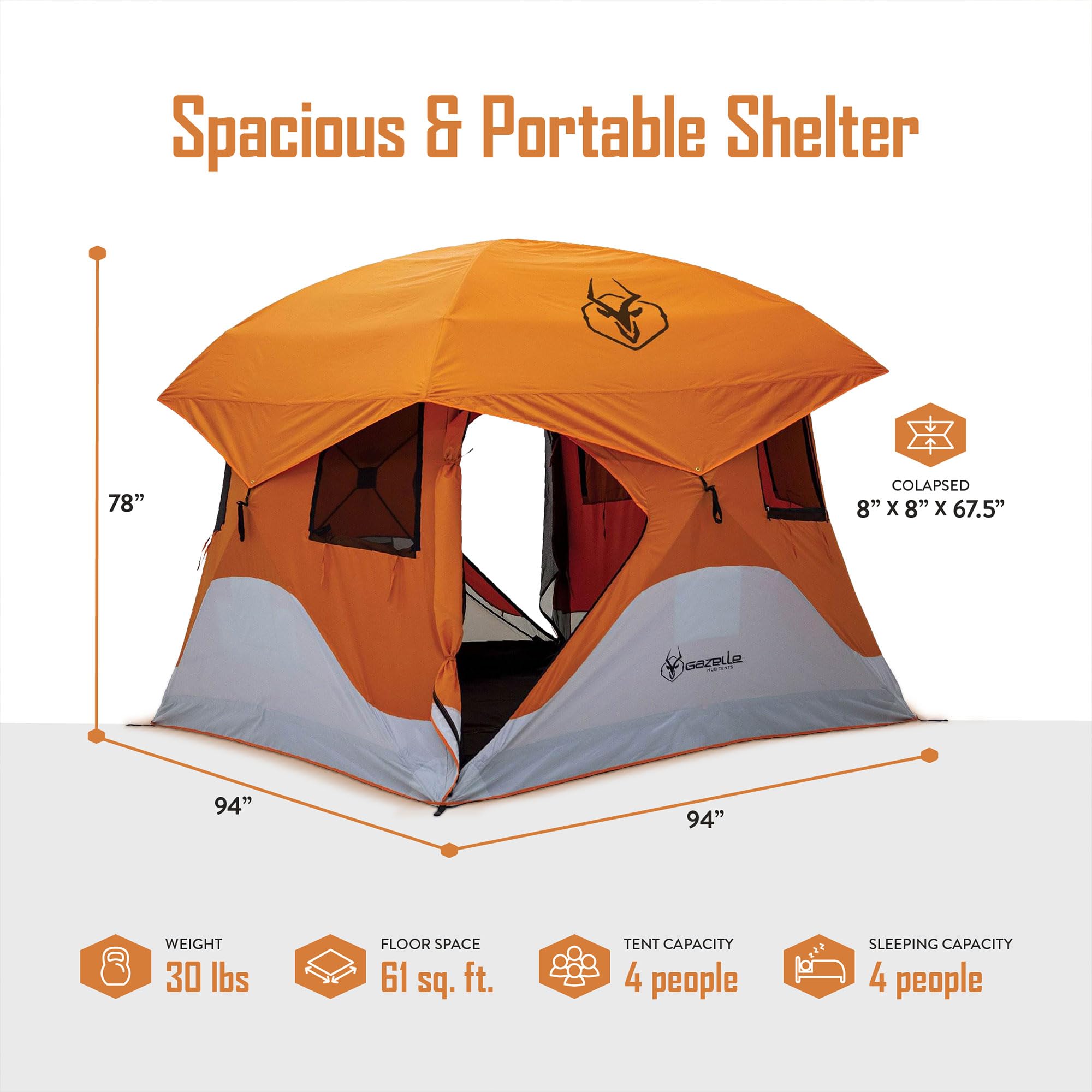Gazelle T4 Waterproof 4 Person Portable Polyester Outdoor Pop Up Camping or Beach Tent with Removable Floor, Mesh Screens, and Rain Fly, Orange