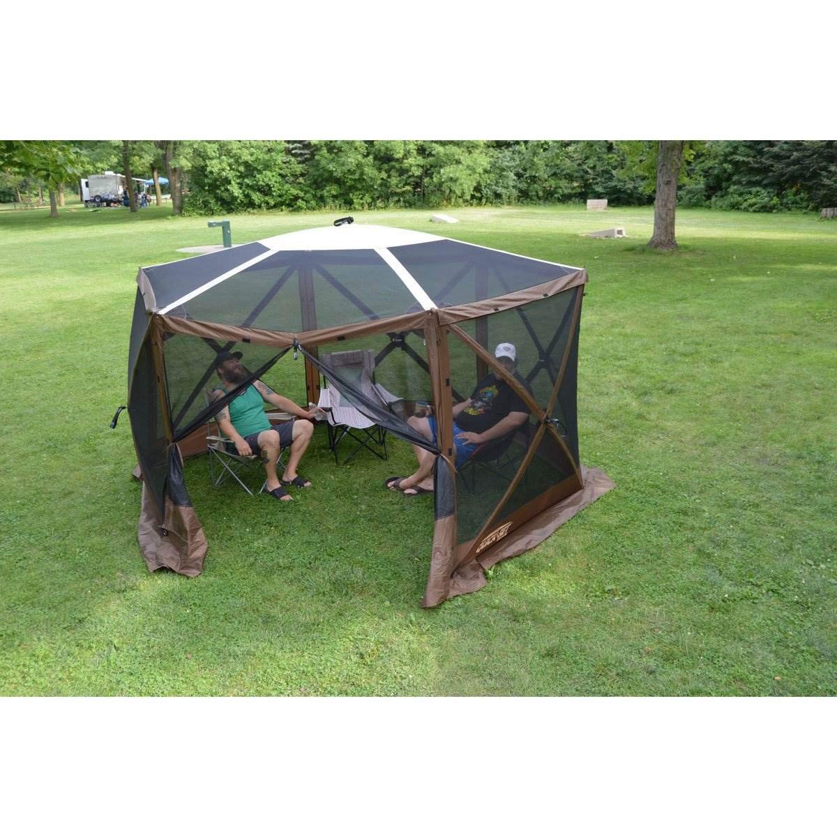 CLAM Quick-Set Escape Sky Screen 11.5 x 11.5 Foot Portable Pop-Up Outdoor Camping Gazebo Screen Tent for Parties with Ground Stakes & Carry Bag, Brown