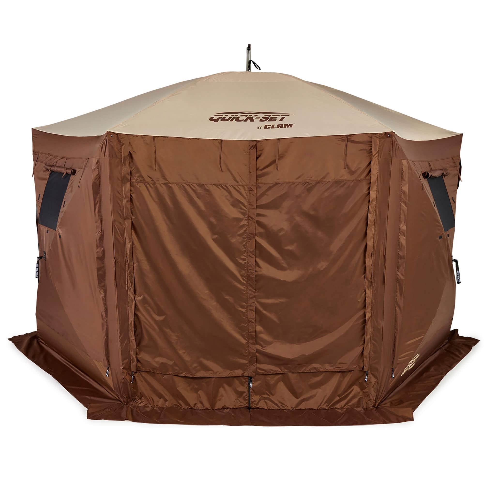CLAM Quick-Set Pavilion 12.5 x 12.5 Foot Easy Set Up Portable Outdoor Camping Pop Up Canopy Gazebo Shelter with Ground Stakes and Carry Bag, Brown