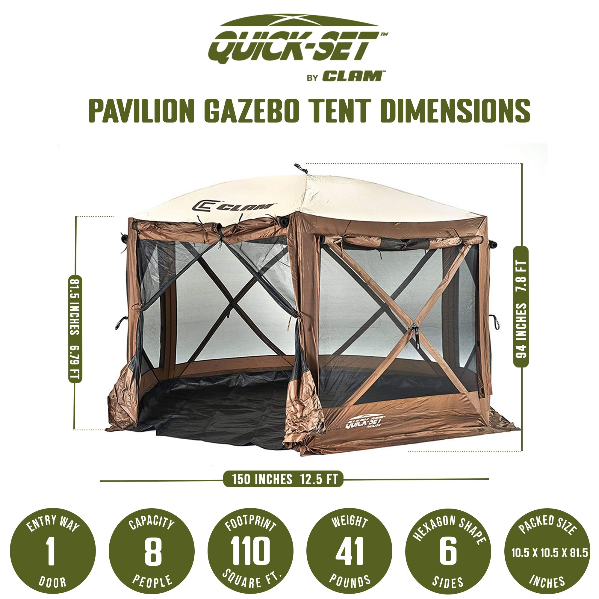 CLAM Quick Set Pavilion 12.5 x 12.5 Foot Portable Pop Up Outdoor Camping Gazebo Screen Tent Canopy Shelter and Carry Bag with Tarp Cover, Brown