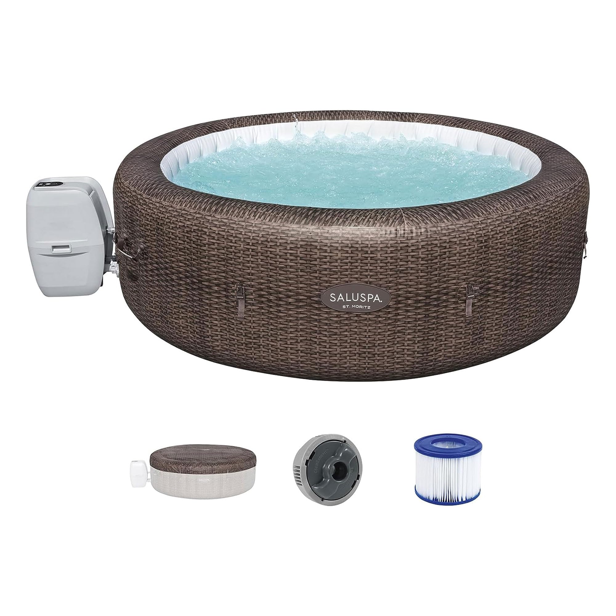 Bestway SaluSpa St Moritz AirJet Hot Tub with Set of 4 Non Slip Pool and Spa Seats and Set of 4 Padded Headrest Pillows with Adjustable Strap, Brown