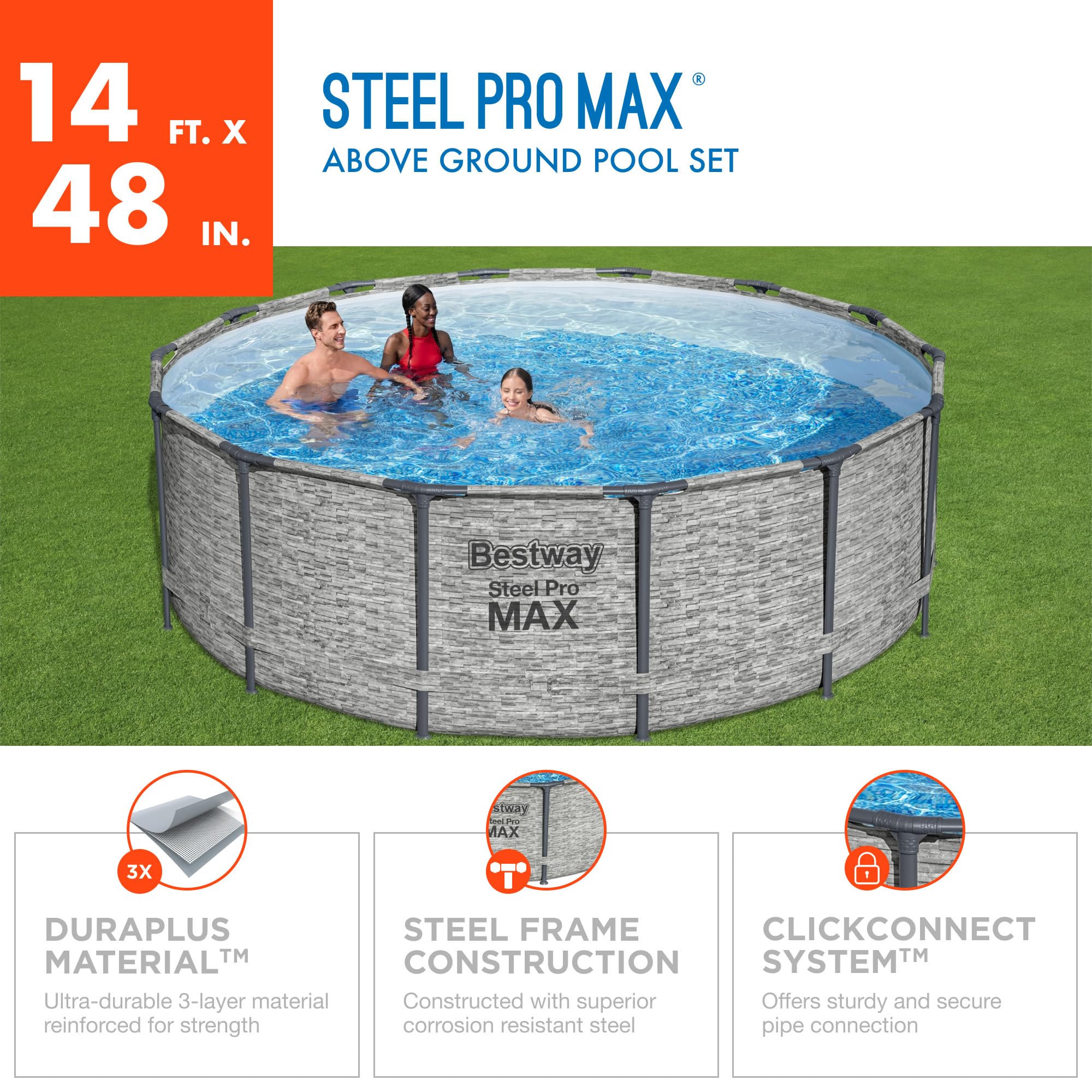 Bestway Steel Pro MAX 14 Foot x 48 Inch Round Metal Frame Above Ground Outdoor Swimming Pool Set with 1,000 Filter Pump, Ladder, and Cover, Gray