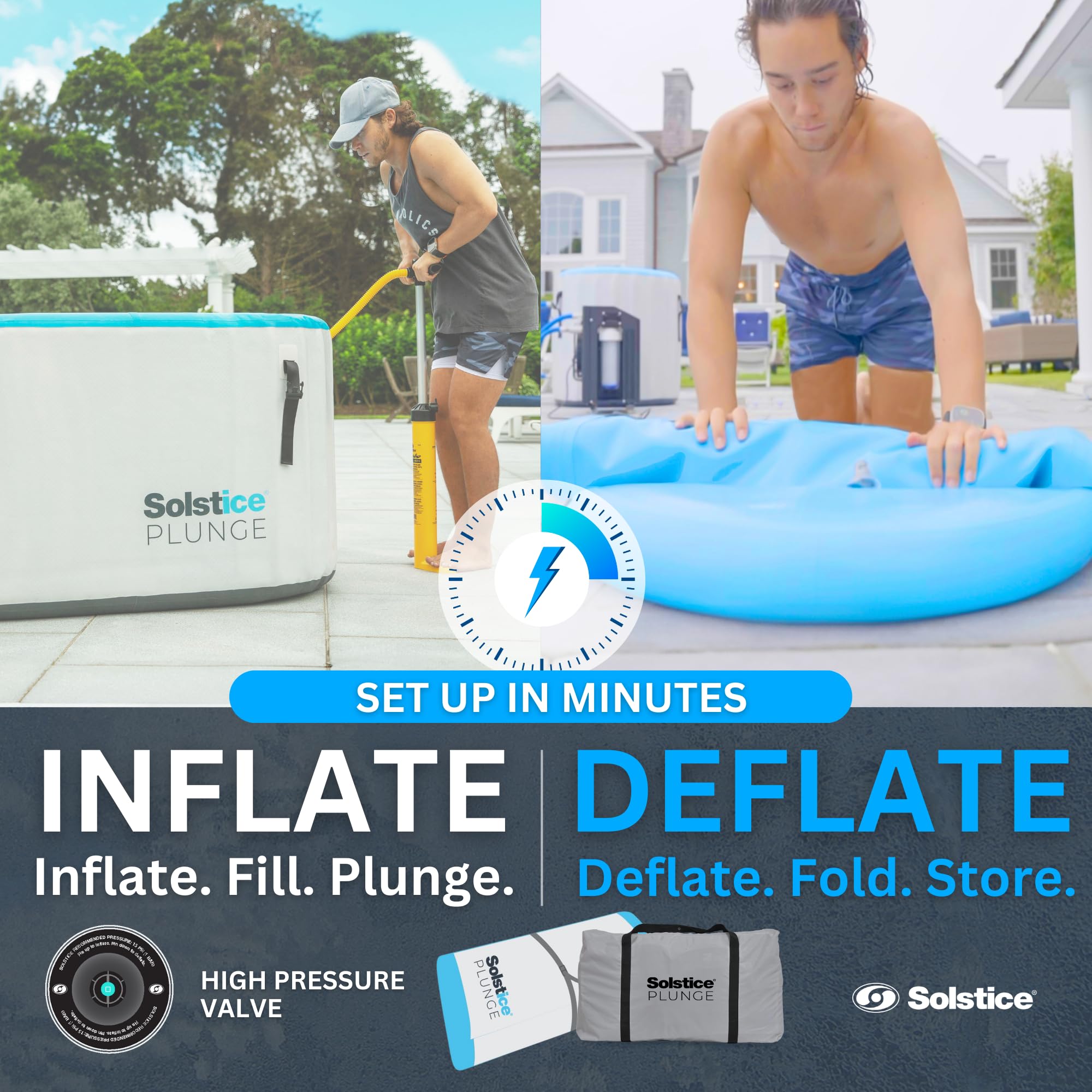 Solstice Original 100 Gallon Inflatable Ice Bath Cold Plunge Tub with Insulated Lid, Compatible with Water Chillers and Ozone Filters, White/Blue