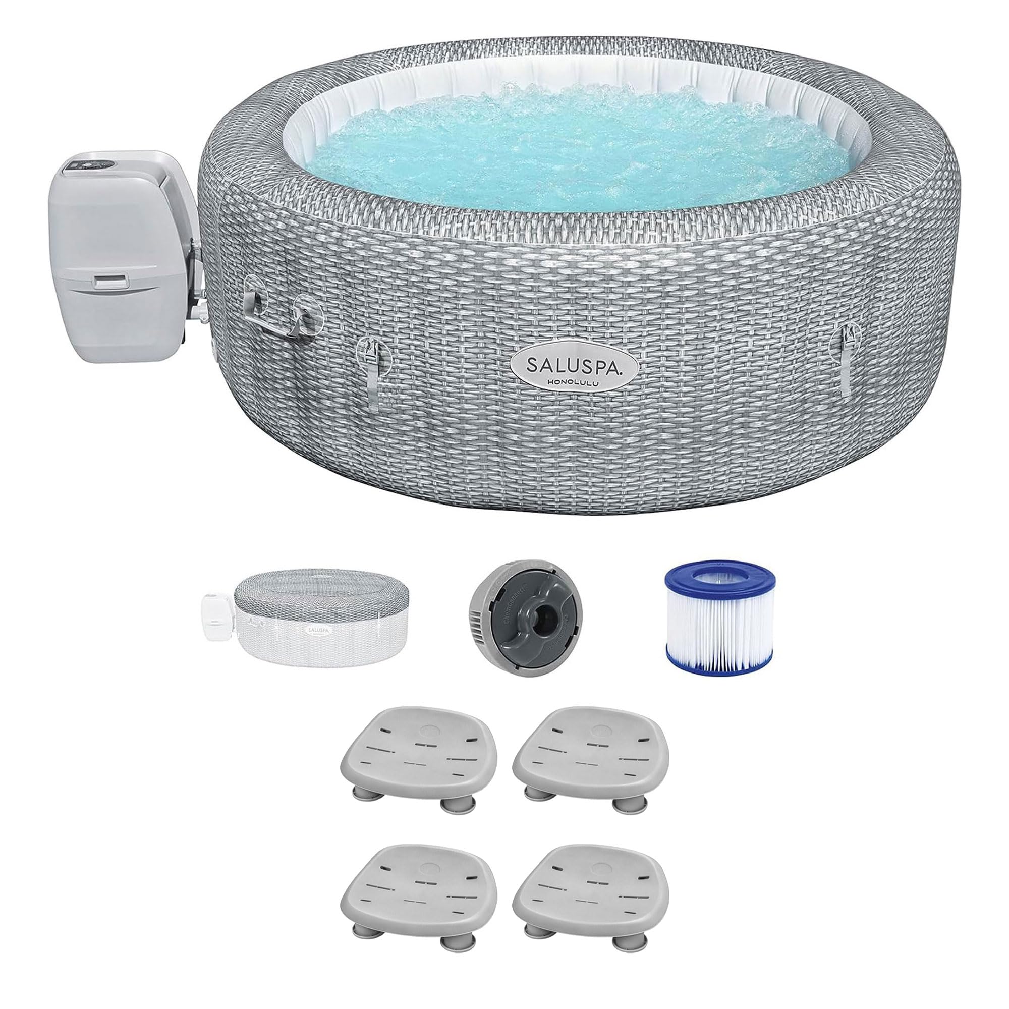 Bestway SaluSpa Honolulu AirJet Inflatable Hot Tub with 140 Soothing Jets with 4 Pack SaluSpa Underwater Non Slip Pool & Spa Seat with Adjustable Legs