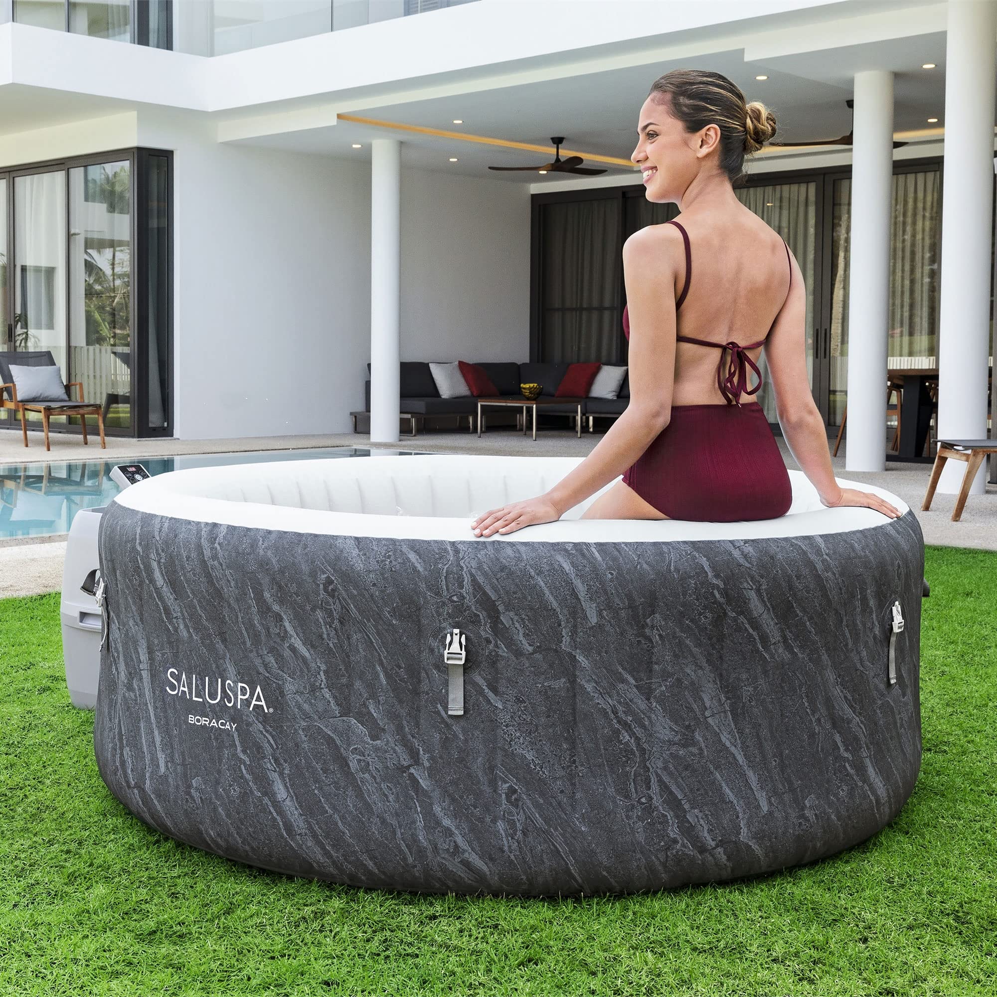 Bestway SaluSpa Boracay AirJet 2 to 4 Person Inflatable Hot Tub Round Portable Outdoor Spa 120 Soothing Jets with Cover, Gray