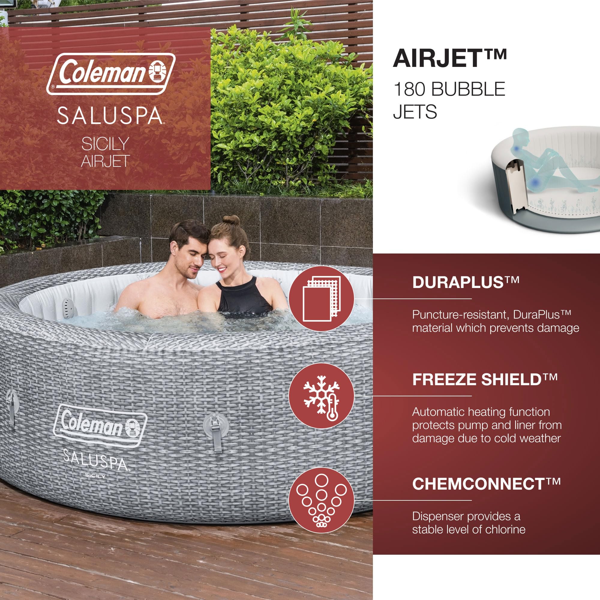Coleman SaluSpa Sicily AirJet Hot Tub with 180 Soothing Jets with Set of 4 Bestway Underwater Non Slip Pool and Spa Seat with Adjustable Legs, Gray