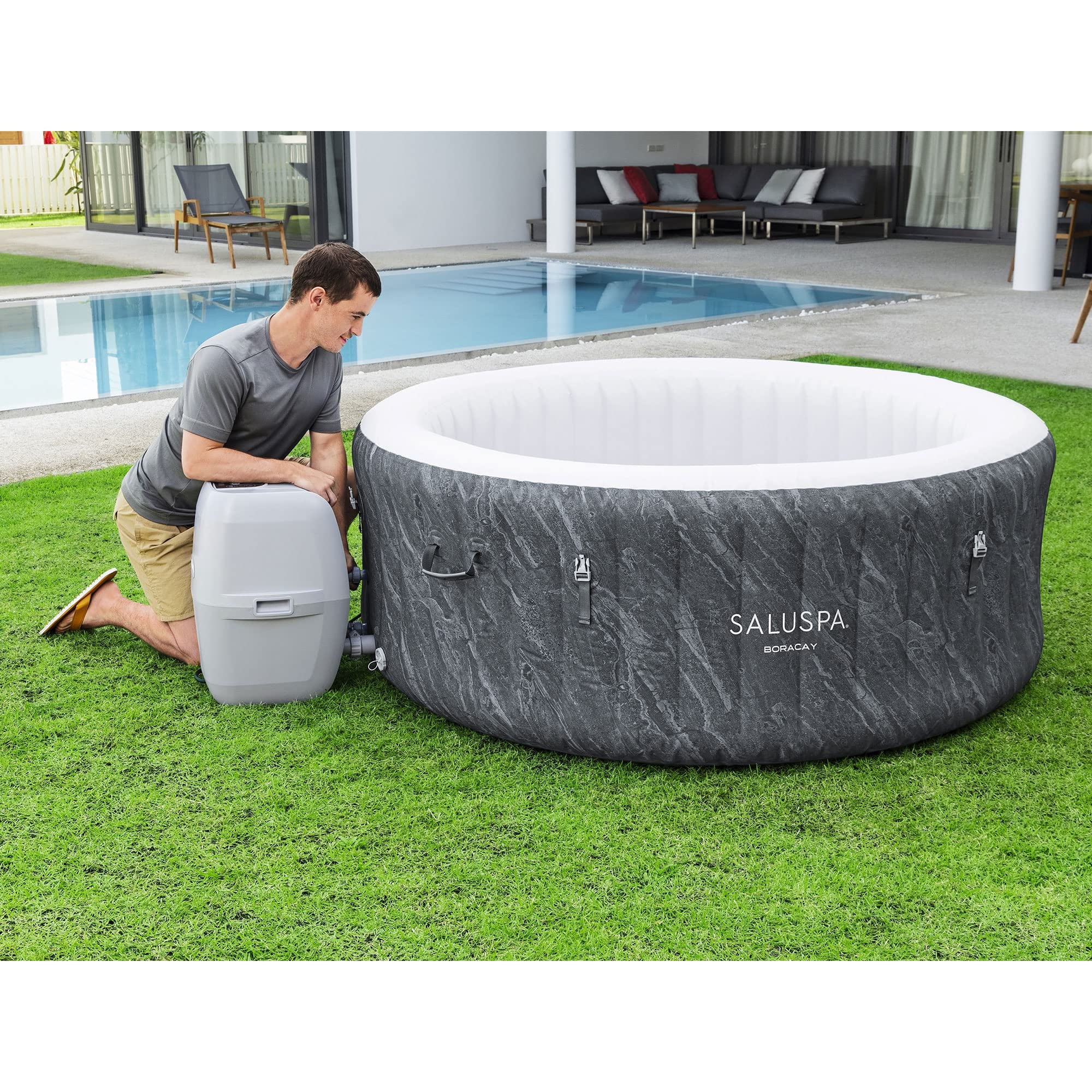 Bestway SaluSpa Boracay AirJet 2 to 4 Person Inflatable Hot Tub Round Portable Outdoor Spa 120 Soothing Jets with Cover, Gray